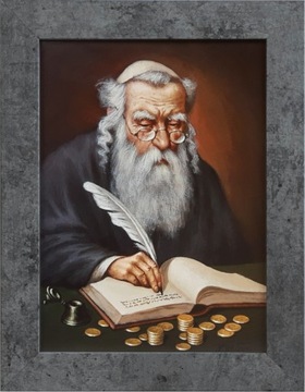 OBRAZ 29x22 ŻYD LICZĄCY PIENIĄDZE SZARA RAMA