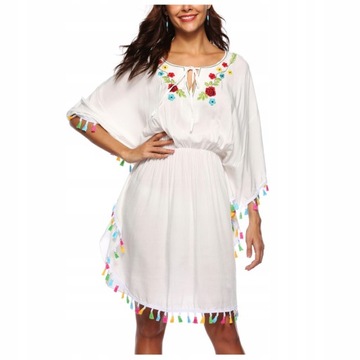 PAREO plażowa SUKIENKA dekolt BOHO tunika KWIATY