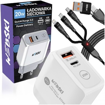 SZYBKA ŁADOWARKA DO TELEFONU 20W USB-C + SZYBKOŁADUJĄCY KABEL 6W1 WEBSKI