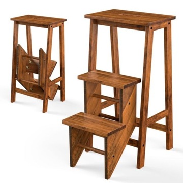 Stołek ze schodkiem z drewna kauczukowego Taboret Costway brąz 76 cm
