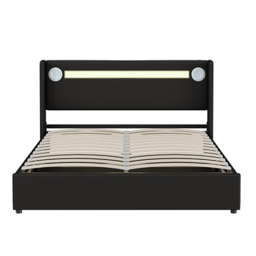 Двуспальная кровать с обивкой, 160x200, светодиодная лента USB, искусственная кожа