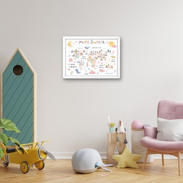 PLAKAT MAPA ŚWIATA ZWIERZĘTA DLA DZIECI + RAMKA A3