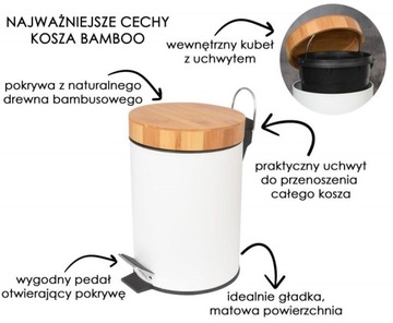 ZESTAW ŁAZIENKOWY KOSZ na śmieci + SZCZOTKA do WC Z BAMBUSA biały