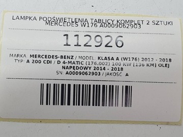 LAMPA PODSVÍCENÍ TABULKY KOMPLET 2 KUSY MERCEDES W176 A0009062903