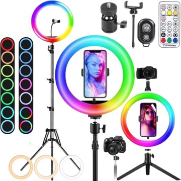 LAMPA PIERŚCIENIOWA LED RING RGB ZE STATYWEM DO ZDJĘĆ FILMÓW SELFIE MAKIJAŻ