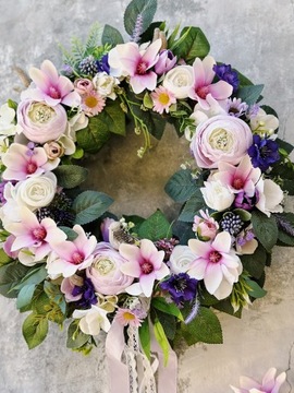 ВЕСЕННИЙ ЦВЕТОЧНЫЙ ВЕНОК ДЛЯ ДВЕРИ, ПЛЕТЕННЫЙ КРЕМ, ВЕНОК МАГНОЛИИ, ЦВЕТЫ