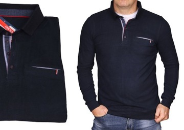 Bluzka męska elegancka z kołnierzykiem na guziki gładka bluza granatowa XL