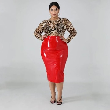 High Waist Faux Latex Skirts Women Plus Size PU Leather Midi Skirts Back Zi