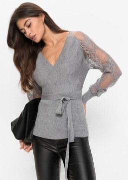 SWETER SZARY Z KORONKĄ I PASKIEM 1X5C18 Bonprix 44/46