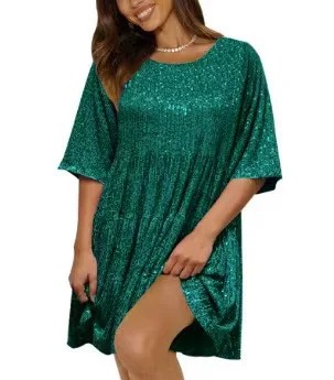 Plus-size elegant fashion sequins round neck loose, 3XL