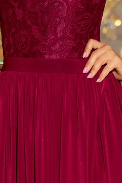 LEA długa suknia bez rękawków z koronkowym dekoltem 211-2 - BORDOWA - S