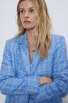 Синий твидовый пиджак-сюртук ZARA 34