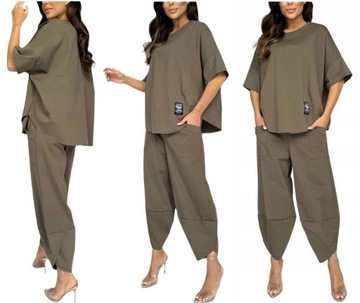 WŁOSKI ELEGANCKI KOMPLET BAWEŁNIANY BLUZKA SPODNIE DRESOWY OVERSIZE 2XL