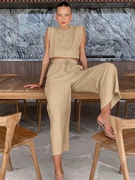 Stylowy Komplet Lniany - Lekki Top I Wygodne Spodnie Na Lato Casualowy Styl