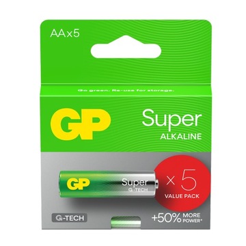 MOCNE, wydajne baterie alkaliczne GP Super Alkaline G-TECH AA LR6 - 5 sztuk