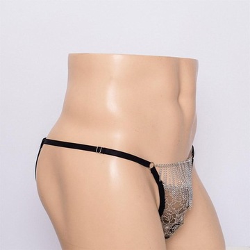 Męskie koronkowe stringi G String metalowy łańcuszek frędzle figi bikini z tyłu T czarne