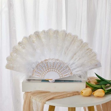 Feather Fan Embroidered Flower Foldable Fan Decorative Handheld Fan White