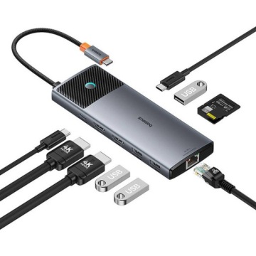 Адаптер-концентратор 10in1 Baseus 2x HDMI, USB-C, 3xUSB-A+RJ45+SD/TF, PD (серый)