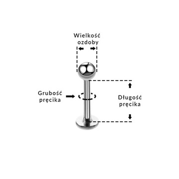 10 SZTUK Kolczyk Stalowy, srebrny Labret z kulką. Gw. zewnętrzny 1,2/6/3