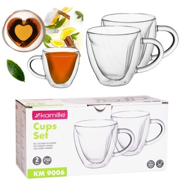 SZKLANKI TERMICZNE filiżanki do kawy podwójne dno SERCE 2x250ml KAMILLE