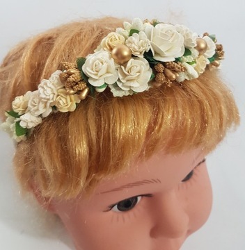 OPASKA KWIATY ECRU+ZŁOTO KOMUNIA RÓŻYCZKI