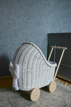 Плетеная коляска для кукол, БЕЛАЯ толкалка + постельное белье