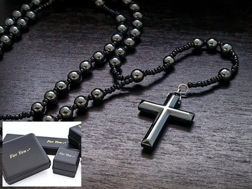 NASZYJNIK RÓŻANIEC Z HEMATYTU PACIORKI 8mm