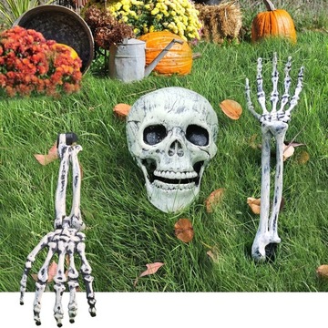 DEKORACJA NA HALLOWEEN, 1 SZTUCZNA GŁOWA SZKIELETU I 2 RĘCE, KOŚCI,REKWIZYT