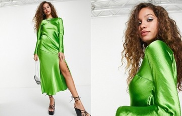 Topshop Zielona satynowa sukienka maxi rozcięcie M