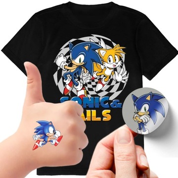 ZESTAW 3W1 KOSZULKA DLA DZIECI TATUAŻE NAKLEJKI SONIC 128 JAKOŚĆ