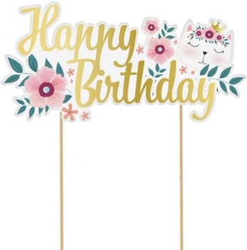 DEKORACJA TOPPER RÓŻOWY ZŁOTY NA TORT HAPPY BIRTHDAY KOTEK 19,5X15CM 1szt