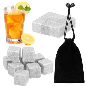ОХЛАЖДАЮЩИЙ КАМЕНЬ, НАБОР КУБИКОВ ДЛЯ ВИСКИ, 9 ПРЕДМЕТОВ, ГРАНИТНЫЙ МЕШОК