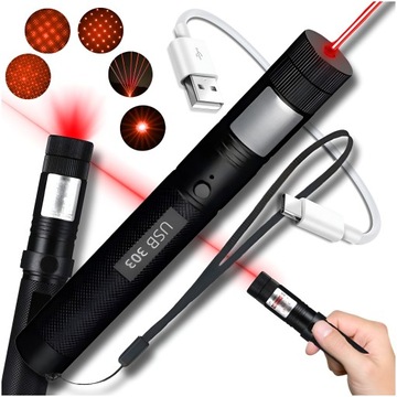 WSKAŹNIK LASEROWY LASER CZERWONY USB MOCNY POINTER 50000 mW DUŻY ZASIĘG