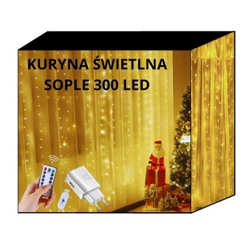 KURTYNA ŚWIETLNA 3x3m SOPLE 300 LED LAMPKI + PILOT