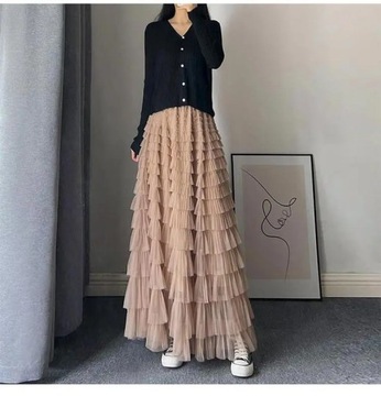 Women Pleated Tutu Long Skirts Ruffles Design Eleg