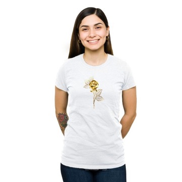 Koszulka Damska z Nadrukiem Bawełna T-shirt na Prezent Róża Złota Kwiat M