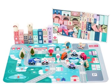 ДЕРЕВЯННЫЕ УЧЕБНЫЕ БЛОКИ С ГОРОДСКИМ КОВРИКОМ 115 шт.