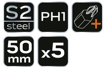 Биты ударные S2, 50 мм, PH1 – 5 шт.