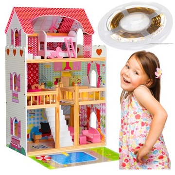 DUŻY DREWNIANY DOMEK dla LALEK +Meble +Basen + Led