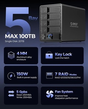 Корпус для жестких дисков с 5 отсеками, от USB 3.0 до SATA, макс. 80 ТБ