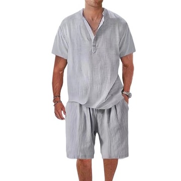 Męski Letni Zestaw Casualowy z Krótkim Rękawem Henley T-shirt i Szorty