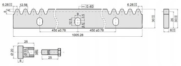 Прочная СТАЛЬНАЯ зубчатая рейка в комплекте с втулками, 1 м