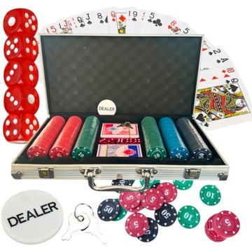 POKER ZESTAW DO GRY W POKERA 300 ŻETONÓW + 2 TALIE KART + KOŚCI + WALIZKA