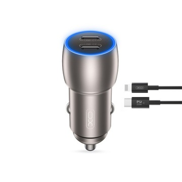 XO ładowarka samochodowa 3000 mA PD 40W 2xUSB-C szara kabel USB-C-Lightning
