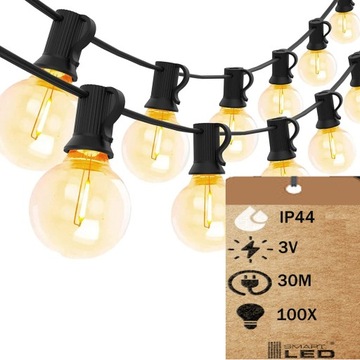 Girlanda Ogrodowa Łańcuch Świetlny LED 30m 100x Żarówek Zewnętrzna G40 220V