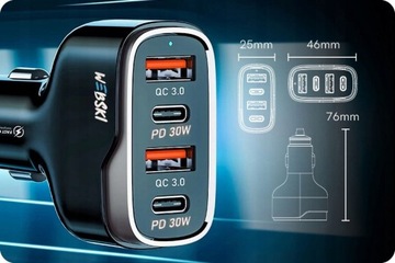 АВТОМОБИЛЬНОЕ ЗАРЯДНОЕ УСТРОЙСТВО USB QC PD 2x USB A, 2x C НЕЙЛОНОВЫЙ КОМБО-КАБЕЛЬ 60 Вт 5 В 1