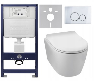 ZESTAW MISA WC RIMLESS DESKA SLIM STELAŻ PRZYCISK CHROM MATA