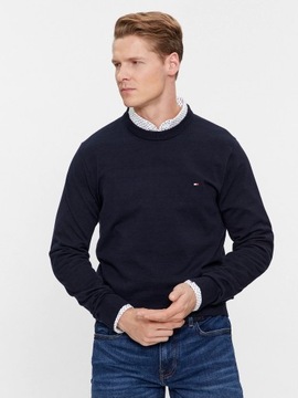 sweter meski tommy hilfiger granat okrągły dekolt małe logo bawełniany