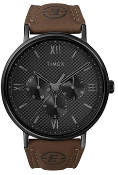 Zegarek męski TIMEX Southview slim czarny z datą modny na brązowym pasku