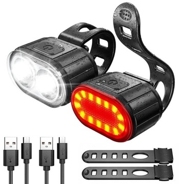 2x LAMPKA ROWEROWA MOCNA LED ŚWIATŁO PRZÓD + TYŁ USB WODOODPORNA ZESTAW